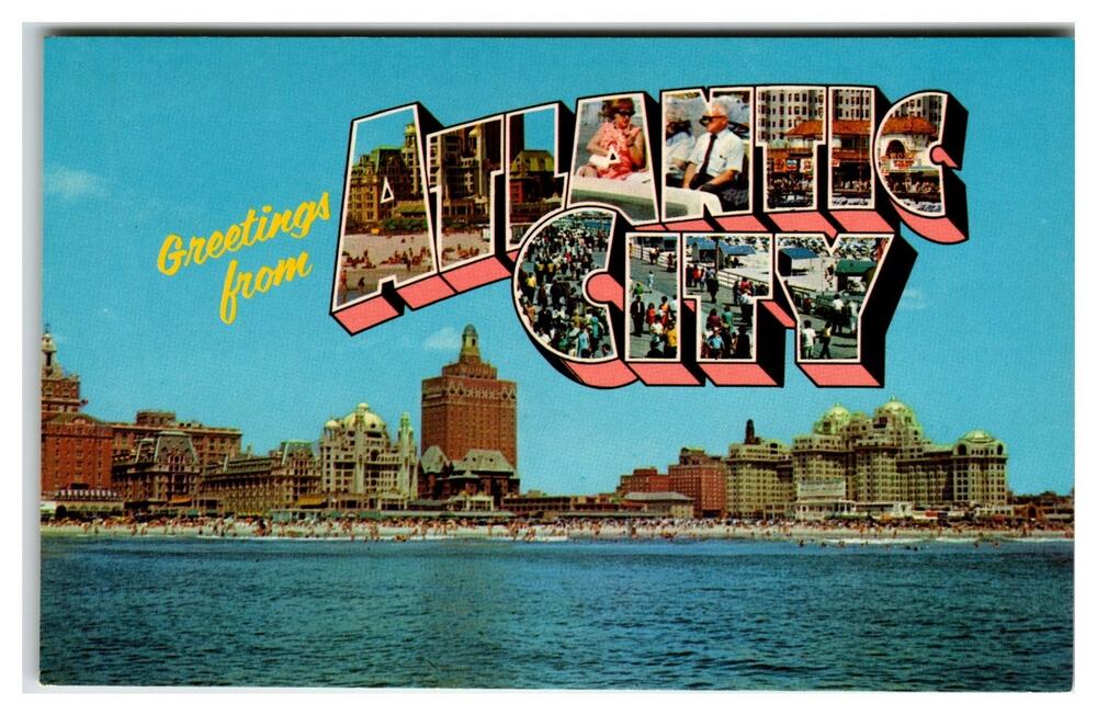 Greetings from Atlantic City NJ Lusterchrome Large Letter Postcard Skyline